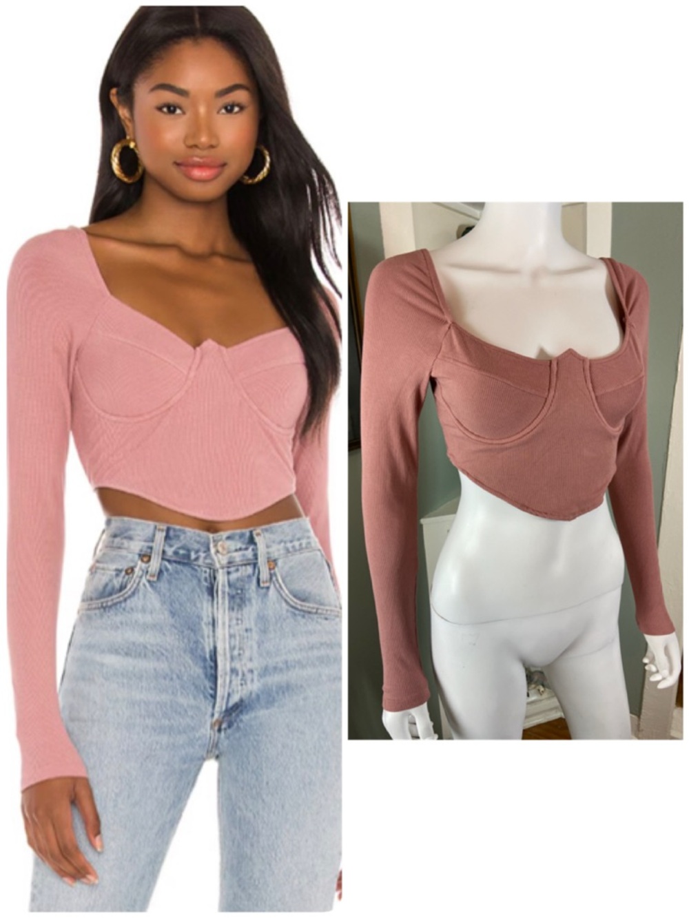 NWT New Superdown Fiona Underwire Mauve Ribbed Sweetheart Long Sleeve Crop Top
